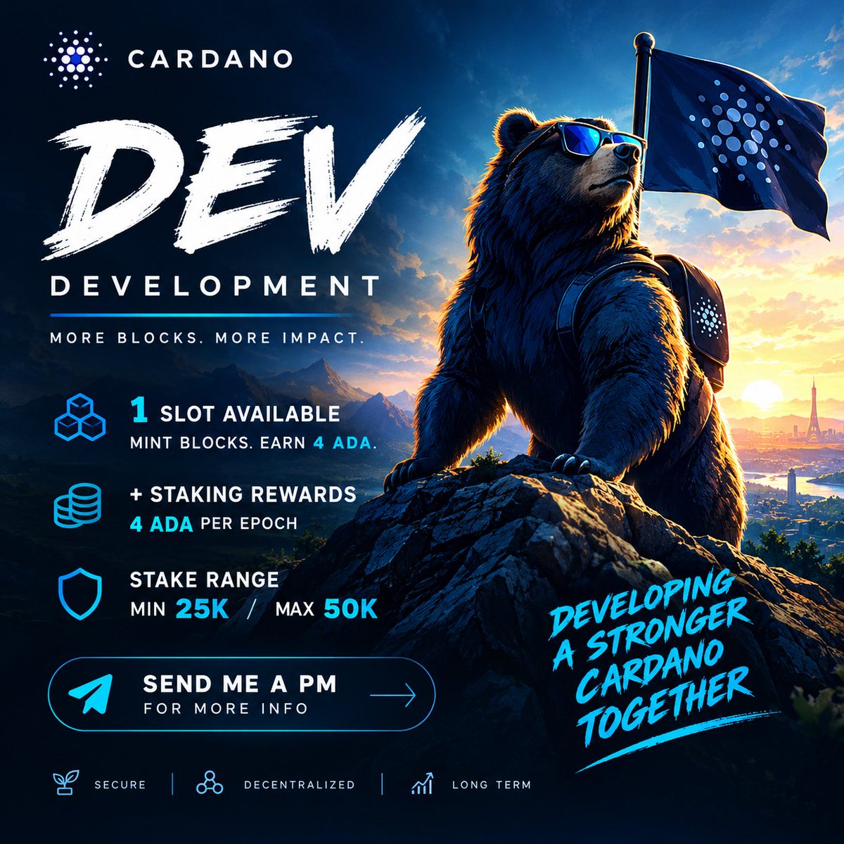 AlessioDevPool's tweet photo. 🚀 1 SLOT AVAILABLE — DEV

DEV = Development 🛠️

Stake 25K–50K cardano:native  and get 4 cardano:native  per epoch when we mint a block, on top of normal staking rewards.

Only 1 slot available 🔥 

📩 DM me for info.

#Cardano #ADA #StakePool https://t.co/B5tX6MPl9F