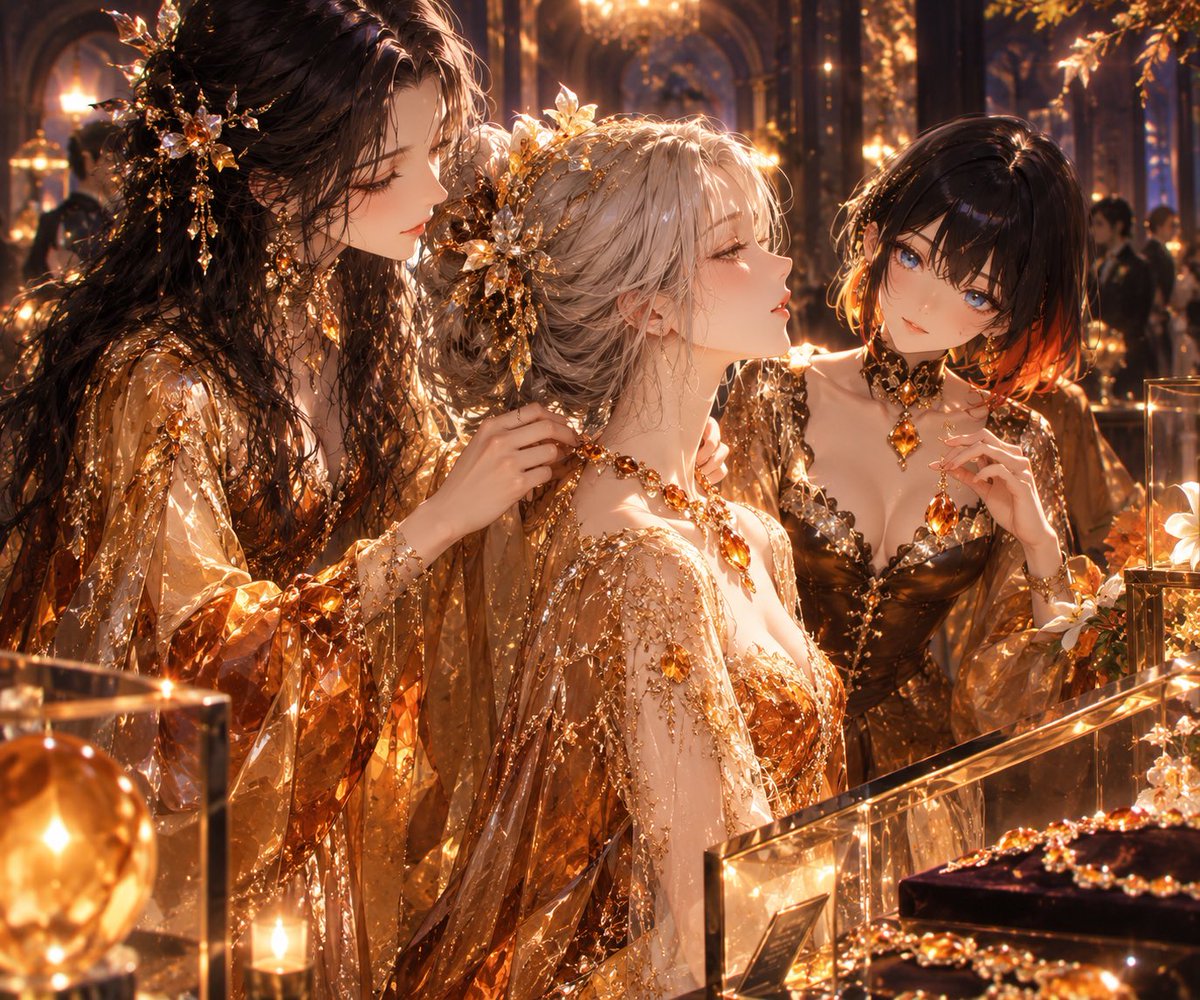 sleepingbelle15's tweet photo. 「秋の宝石夜会」の「琥珀の夜」に参加します。
琥珀をまとってみました

今回は奏さんとアメリアさんとのコラボ画像も作ってみました
#夜会開催 #プロンプト試着 #秋の宝石夜会1 https://t.co/nWq7IVzMCP