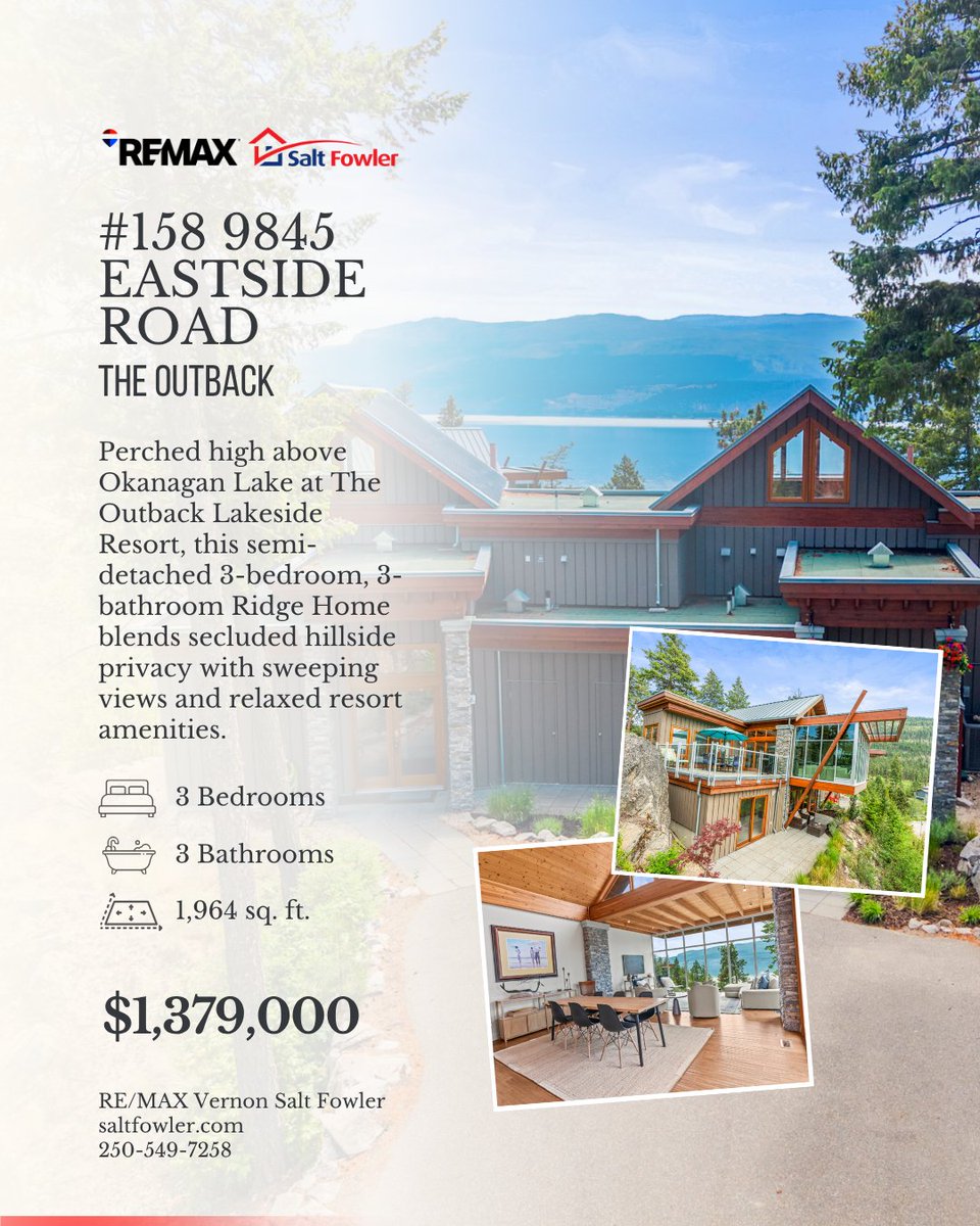 SaltFowlerBC's tweet photo. β¨ Resort-style living above Okanagan Lake.
π‘ Perched on the hillside at The Outback Lakeside Resort, this beautifully updated Ridge Home offers 3 bedrooms, 3 bathrooms, breathtaking lake views, and the privacy of a peaceful natural setting.
#JustAddSalt #SaltFowler https://t.co/FW5rSh0fGR