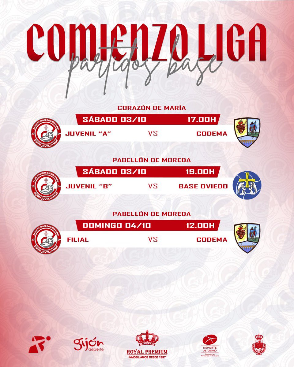 gijonjovellanos's tweet photo. 📅 HORARIO BASE 🔴

Todos los partidos de liga y pretemporada de nuestra cantera para 
este finde. 

¡A darlo todo! 💪

#CanteraRojiblanca #LosdelNorte #GijonJovellanos https://t.co/tag69x1UVS