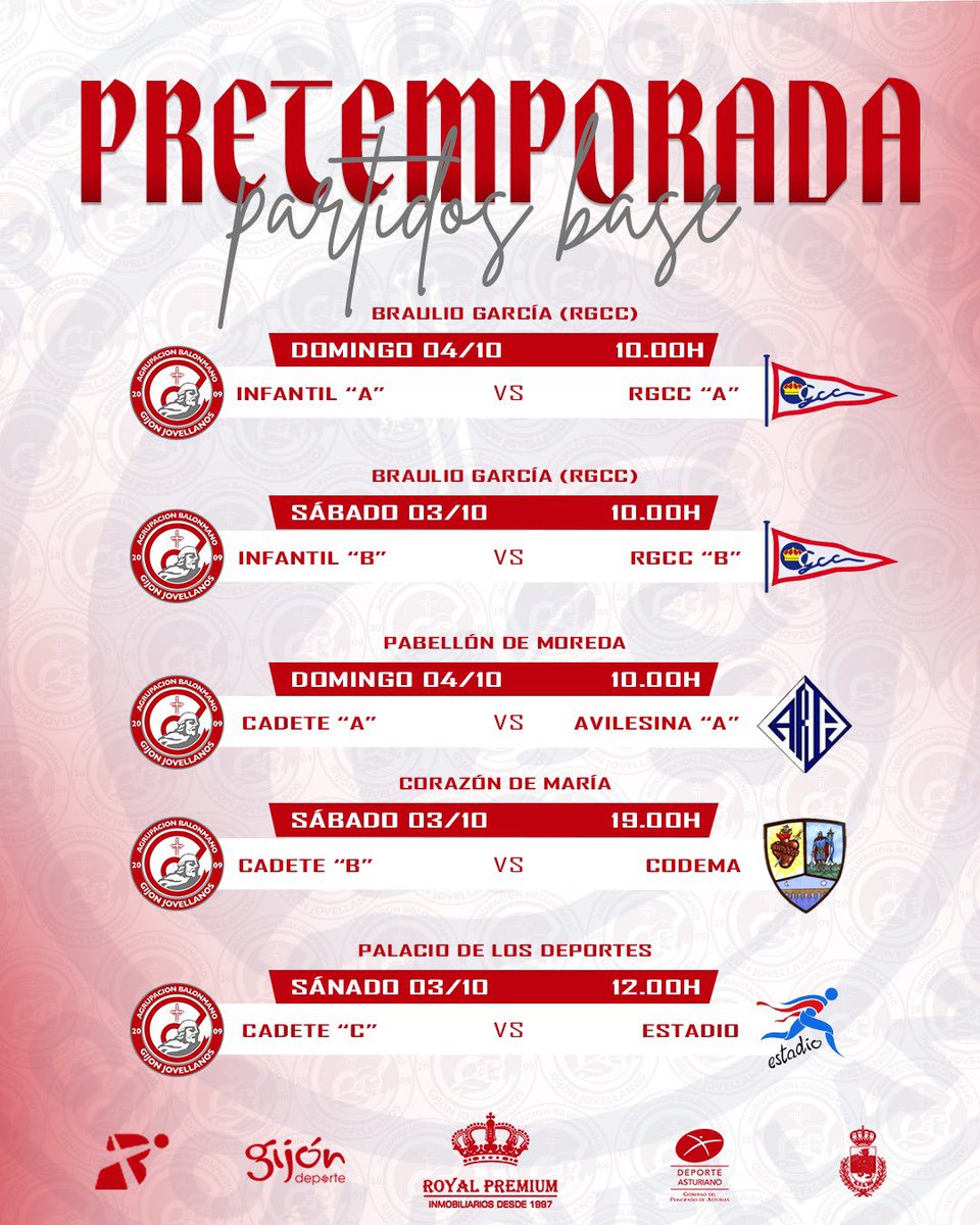 gijonjovellanos's tweet photo. 📅 HORARIO BASE 🔴

Todos los partidos de liga y pretemporada de nuestra cantera para 
este finde. 

¡A darlo todo! 💪

#CanteraRojiblanca #LosdelNorte #GijonJovellanos https://t.co/tag69x1UVS