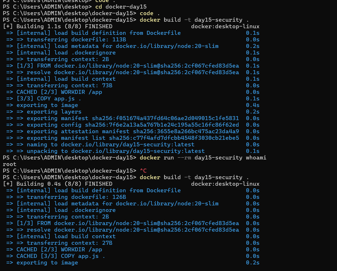 derkadd1o1's tweet photo. Day 15 🐳

Learned Docker security basics.

Practiced:
• Running containers as non-root
• USER node
• Linux user permissions
• Least-privilege principle
• Verifying container users
#100DaysOfDevOps #Docker #DevOps #LearningInPublic https://t.co/f1zswUYODk