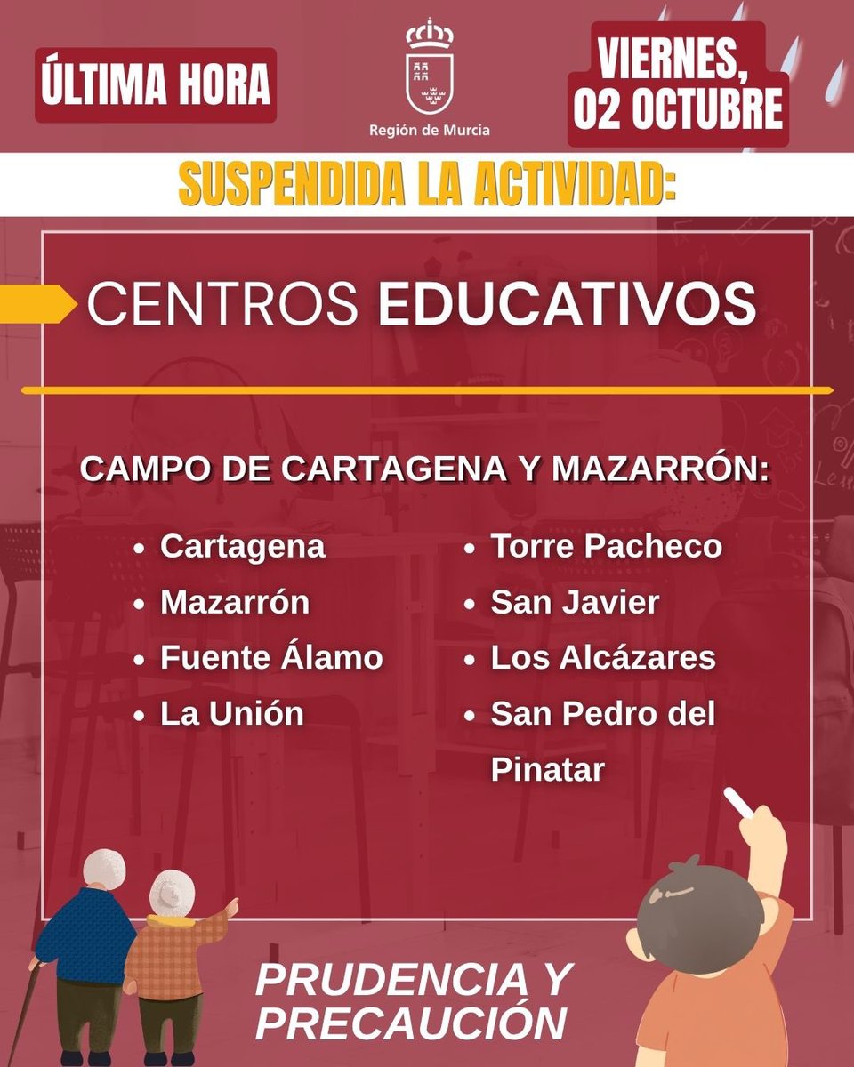 LopezMirasF's tweet photo. ⚠️ Se suspende la actividad de los centros educativos en los siguientes municipios: 

• Cartagena.
• Mazarrón.
• Fuente Álamo.
• La Unión.
• Torre Pacheco.
• San Javier.
• Los Alcázares.
• San Pedro del Pinatar. 

Los alumnos que ya se encuentren en las instalaciones educativas y comedores deben seguir las indicaciones del personal de los centros.

Información a través de los canales oficiales. Seguimos muy pendientes de la evolución de las lluvias.