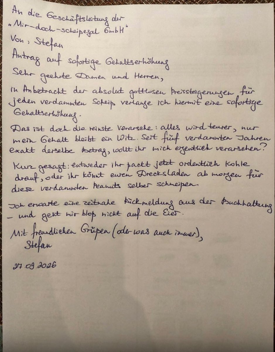 DebatteDirekt's tweet photo. ⚡️Fünf Jahre gleiches Gehalt, aber alles wird teurer. Stefan hat die Konsequenz gezogen und einen Antrag auf Gehaltserhöhung verfasst, der in die Geschichte eingeht. Vorlage merken. https://t.co/O0GQ0o53xN