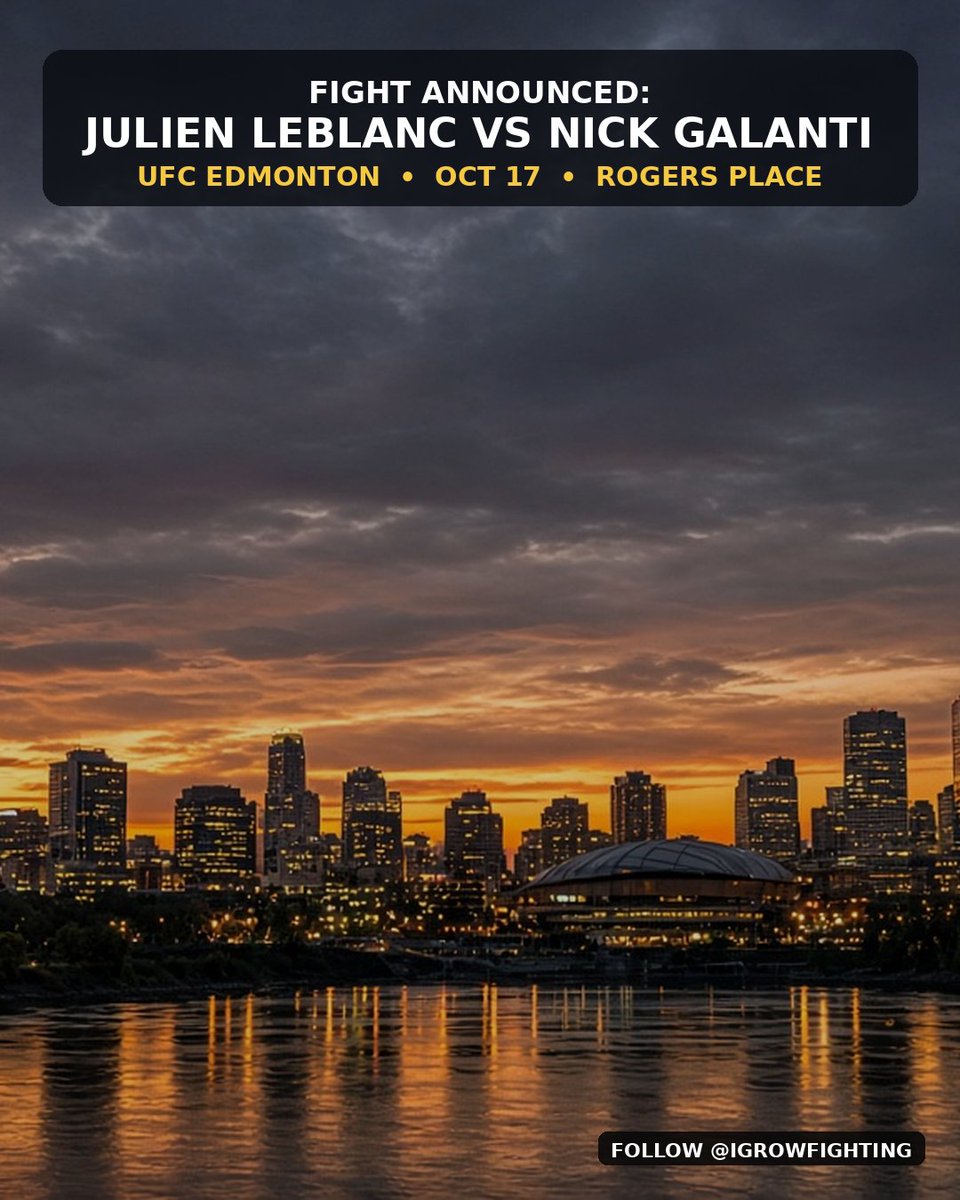 igrowfighting's tweet photo. Julien Leblanc vs Nick Galanti is locked for UFC Edmonton on Oct 17.

Urbina is out. Galanti (8-1) earned his contract with a 35-second DWCS KO and jumps straight into his UFC debut. Leblanc (10-3, 0-1 UFC) looks to bounce back after the Valentin sub. #UFCEdmonton https://t.co/56VmjLvIjk