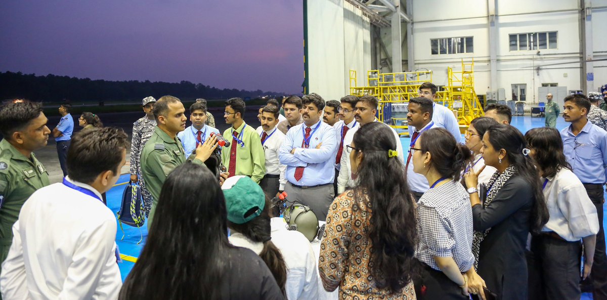 SpokespersonMoD's tweet photo. Participants of the Defence Correspondents Course-2026 visited a forward Air Base in the Eastern Air Command AOR from 28 Sep to 01 Oct 26, for an orientation on Indian Air Force operations and capabilities. 

The IAF Officers delivered lectures on the Service’s history, administration and logistics, highlighting the systems that sustain operational readiness. The correspondents visited helicopter and Fighter Squadrons, the advanced simulator complex, surveillance units, and the Air Traffic Control centre, where they received briefings on their respective roles. Garud commandos outlined their training and operational responsibilities. The visit concluded with a demonstration of night flying by helicopters and fighter aircraft. 

The programme gave participants an understanding of the professionalism, coordination and capabilities underpinning air operations.