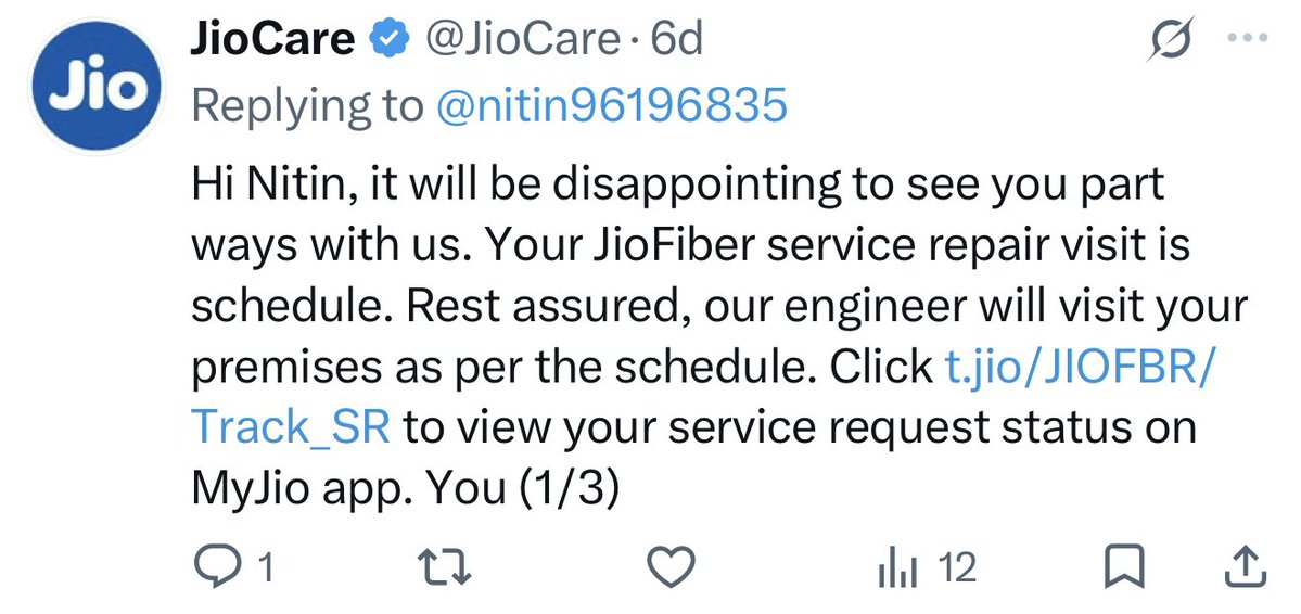 nitin96196835's tweet photo. @JioCare @reliancejio @TRAI @RIL_Updates @Meta @facebook @finkd this msg was sent 6 days back what happened ?? @PMOIndia @TataCompanies @gautam_adani @udaykotak @TheSunilMittal @anandmahindra THIS IS HOW @RIL_Updates WORKS INEFFICIENT 
THANK U FOR UR ATTENTION https://t.co/eU1hZDd0Rh