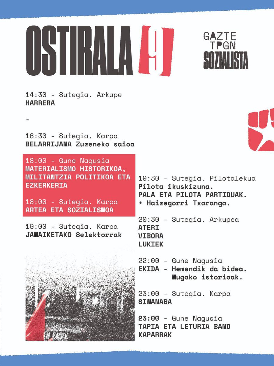GKSozialista's tweet photo. 💥TOPAGUNEKO EGITARAUA, EGUNEZ EGUN!

Aste bete besterik ez da falta #tpgnsozialista hasteko, eta hemen dago egitarau osoa egunez egun! Gerturatu urriaren 9tik 12ra Elizondora egitarau oparoaz gozatzera!

🎟️ Sarrerak, dagoeneko eskuragarri https://t.co/947laYG72W helbidean! https://t.co/wCHRqLwUDX