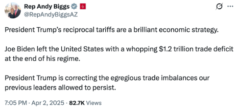 American_Bridge's tweet photo. According to Andy Biggs, the tariffs that continue to crush Arizona’s families and businesses are “brilliant.” #AZGov https://t.co/l8zrvCbjAJ