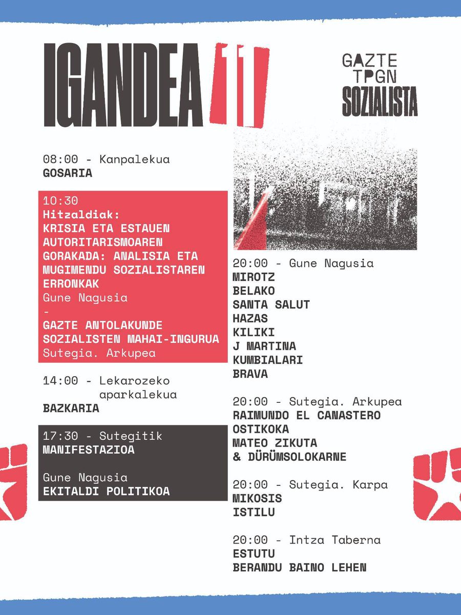 GKSozialista's tweet photo. 💥TOPAGUNEKO EGITARAUA, EGUNEZ EGUN!

Aste bete besterik ez da falta #tpgnsozialista hasteko, eta hemen dago egitarau osoa egunez egun! Gerturatu urriaren 9tik 12ra Elizondora egitarau oparoaz gozatzera!

🎟️ Sarrerak, dagoeneko eskuragarri https://t.co/947laYG72W helbidean! https://t.co/wCHRqLwUDX