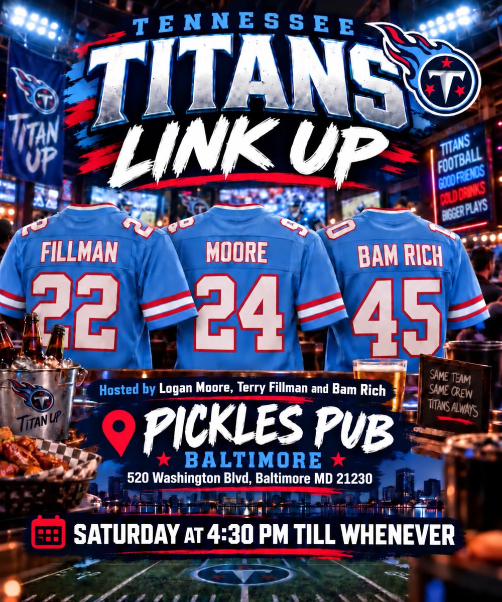 terryfillmanMSN's tweet photo. CHARM CITY WE HERE. 🔥⚔️

Titans fans! link up with us Saturday at Pickles Pub starting at 4:30 PM till whenever.

Come talk ball, grab some drinks and get ready for Sunday. 😈

📍 520 Washington Blvd, Baltimore
Hosted by @loganm744, @BamRich3 &amp; yours truly 

#TitanUp #TENvsBAL https://t.co/6Bd59uoLWj