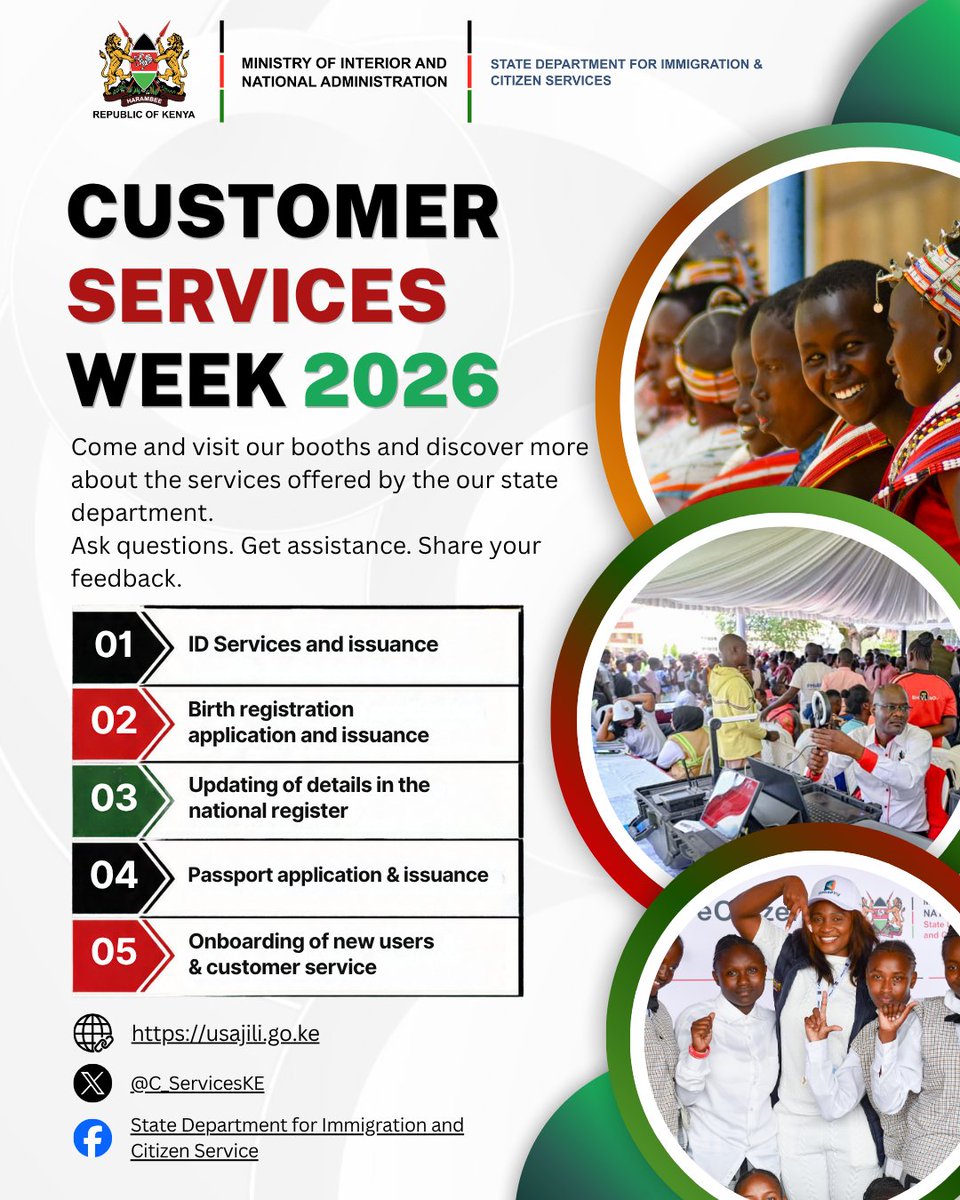 C_ServicesKE's tweet photo. 2 Days to Go! 🎉

Join us at Uhuru Park from 5th to 9th October for Customer Service Week 2026 under the theme “Extra Mile: Transforming Public Service through Customer Service excellence ”

Engage with our teams from @crs_kenya , @Sajili_IDKe , @ImmigrationDept , @IPRS_KE , @DRSKenya , and @Serv_BilaStress , learn about our services and share your feedback as we go the extra mile to serve you better! 🤝

#CustomerServiceWeek2026 #ExtraMile