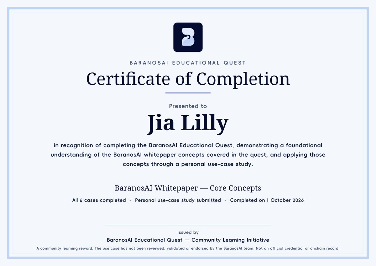 Jia_Lilly01's tweet photo. Hi Guys Just finished the Baranos AI whitepaper v2.0 and cleared the Educational Quest, including Protocol Architect.

1/
My biggest takeaway:

The hard part of AI onchain isn't putting a model on a blockchain.

It's making an AI answer something a smart contract can safely act on.

Here's what @BaranosAI is building. 👇

2/

The AI oracle problem

Today, AI decisions involving money often depend on:

→ private APIs
→ committees
→ token votes
→ trusted operators

But "the API said so" isn't evidence.

Baranos tackles this by making AI execution reproducible and verifiable.

3/

The core idea

Same model + same inputs + same execution rules = same result.

Before execution, Baranos commits:

• model + weights
• runtime/tokenizer
• prompt
• evidence root
• decoding + seed
• output schema
• execution policy

AI becomes a defined computation, not just an answer you have to trust.

4/

Optimistic verification

Baranos uses two modes:

🔹 Confirmation: AI runs offchain and the result + commitments go onchain.

🔹 Replay: disputed computation can be replayed onchain.

A challenger doesn't need to prove the entire AI system wrong. They challenge the specific bad step.

Commit → Challenge → Replay → Verify.

5/

Why Fogo?

The system needs high throughput, low cost and low latency.

Baranos is deployed on Fogo, targeting fast result and challenge resolution.

The roles are separate:

Baranos: verifies AI execution
Fogo: secures the canonical blockchain history

Validators aren't deciding what the AI should think.

6/

What exists vs. what still needs proof

✅ Deployed on Fogo
✅ Confirmation + Replay
✅ Deterministic execution specification
✅ Challenge mechanism
✅ Model/evidence/policy/job/result registries

Still to validate:

⏳ minute-scale resolution
⏳ actual costs
⏳ independent-run determinism
⏳ performance under load

I like that the whitepaper openly identifies risks instead of pretending AI verification solves everything.

7/

My Protocol Architect design: FairStay

I designed a verifiable booking-dispute system.

AI receives a frozen evidence bundle:

• listing + photo hashes
• timestamps
• messages
• refund policy

It outputs:

FULL_REFUND / PARTIAL / NONE

with a structured evidence-based rationale.

Before execution, everything is committed.

8/

The guest, host or platform can challenge a specific computational step.

If challenged, that step is replayed under the same rules.

If confirmed, or the challenge window expires, the escrow contract can release funds automatically.

The key principle:

Challenge the first incorrect step, not just the final answer.

9/

The Educational Quest made this principle very clear.

If an AI produces 25 when the agreed rule produces 23, a later calculation might be perfectly correct while using the wrong number.

That's why verifiable AI needs more than a final answer.

10/

The pipeline I'll remember:

AI Decision → Commitment → Replay → Verified

AI answers.

The rules and inputs are locked.

Disputed computation gets replayed.

The verified result becomes something another smart contract can safely depend on.
And Congrats I also get certificate from 
@BaranosAI and thanks to @fogo also.