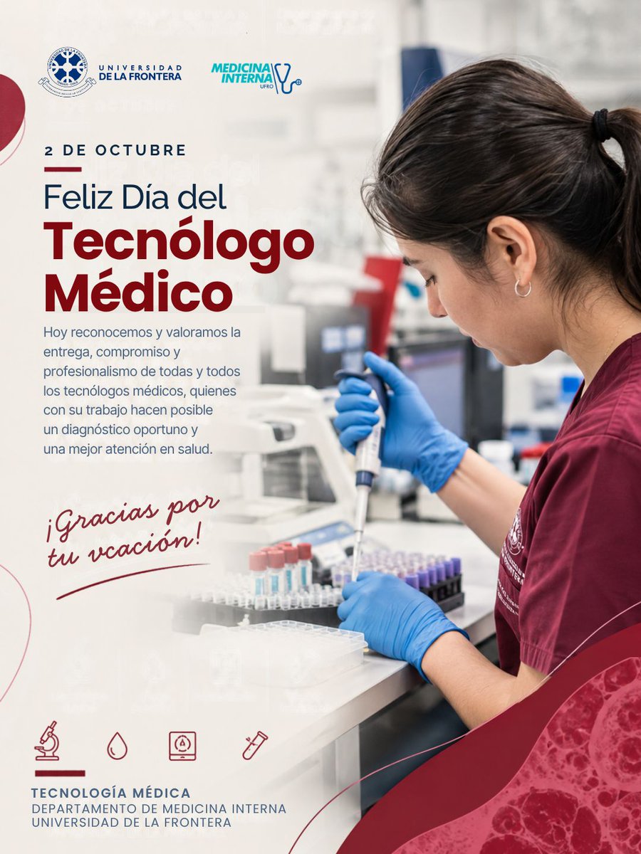 medintufro's tweet photo. Hoy, 2 de octubre, saludamos a las y los Tecnólogos Médicos que forman parte de nuestra comunidad universitaria y del sistema de salud. 
Reconocemos su compromiso con la ciencia, su entrega diaria, su ética profesional y su capacidad para integrar la ciencia con el cuidado humano https://t.co/mUnc1OIcQw