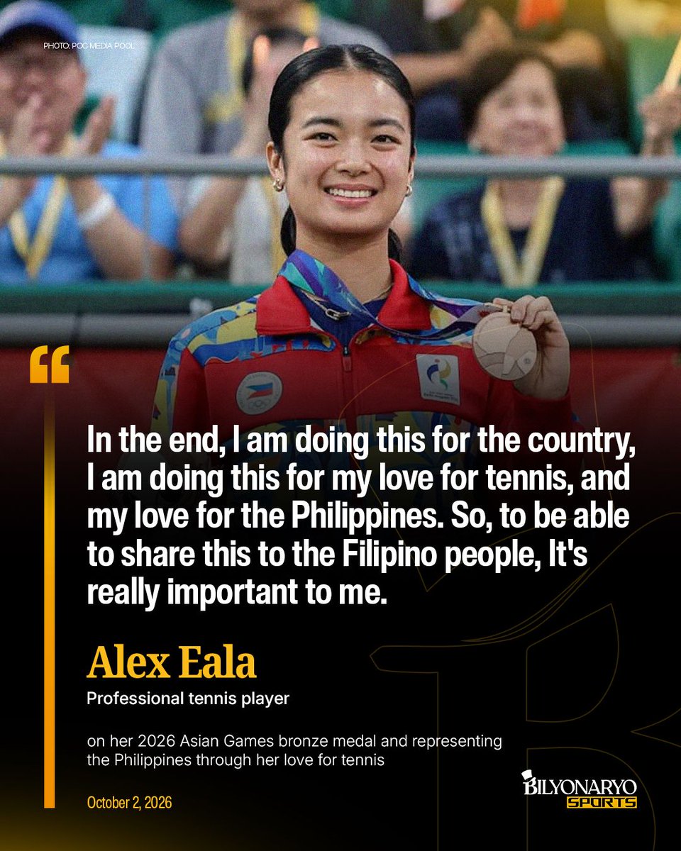 bncdotph's tweet photo. ALEX EALA: ‘I’M DOING THIS FOR THE COUNTRY’ 🇵🇭🎾

Alex Eala reflected on winning the bronze medal in the women’s singles event at the 2026 Asian Games, saying her campaign was driven by her love for tennis and the Philippines.

The medal marked another podium finish for Eala on the Asian Games stage and another moment of representing the country through the sport she loves.