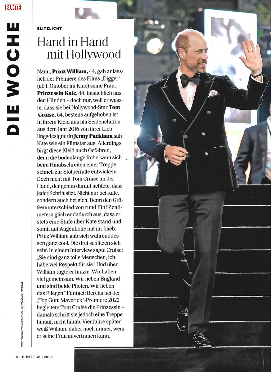 kiwirazzi's tweet photo. Greetings, #TCBubble !! We're doing a wee bit of "Digging" today, as I have some German "Digger" material right here for y'all to enjoy. And maybe also more. #TomCruise
First up: Bunte, issue 41 / 2026, Royal Premiere of "Digger" in London https://t.co/WG6Fn8Cy4T