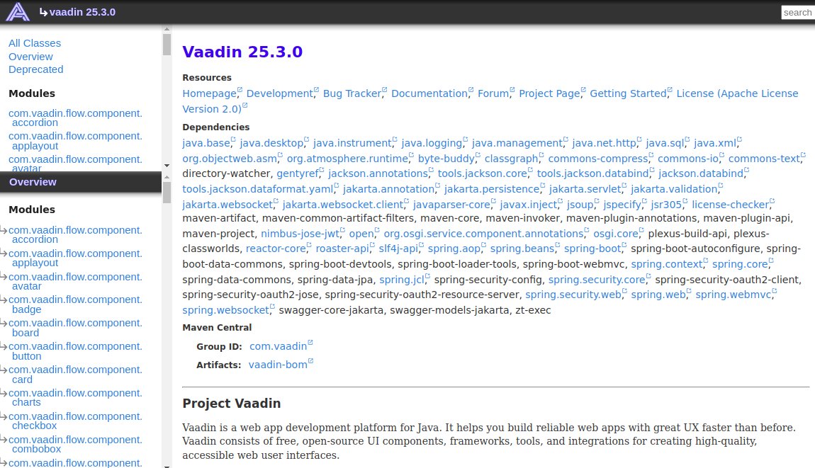 apidia_net's tweet photo. API documentation of the newest Vaadin release 25.3 is now on APIdia.
Did you know you can filter the docs down to modules you are actually using?
There are also quick presets to select the flow framework, flow-components or hilla.
(see comments)

#vaadin #java #javadoc #apidia https://t.co/SYqwM1DOZM
