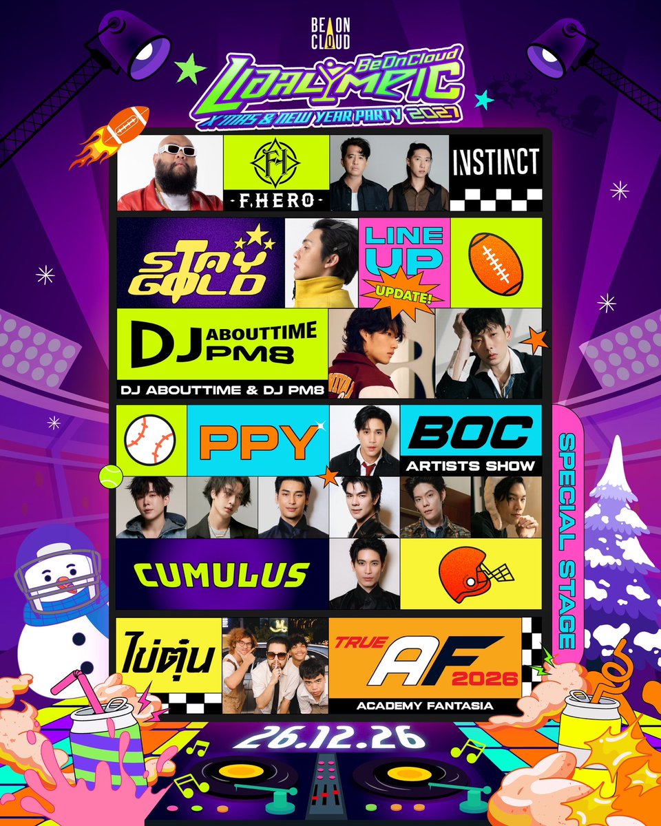 beoncloud_th's tweet photo. แอลLYMPIC ✨🪩🍾 BeOnCloud X'mas & New Year Party 2027 🎄🥳🎶

🏅 26 DECEMBER 2026 (MAIN EVENT)
📸 27 DECEMBER 2026 (BENEFIT DAY)
📍 UNION HALL

🎫 TICKET PRICES
• ROOKIE PASS 2,570฿
• ALL-STAR PASS 4,597฿ 
• EXTRA PLAY 2,027฿

💻 TICKETS AVAILABLE AT COUNTER SERVICE AND https://t.co/HCktwKaPJJ 
• ROOKIE PASS & ALL-STAR PASS ➤ 17 OCTOBER 2026 | 12:00 PM
• EXTRA PLAY ➤ 31 OCTOBER 2026 | 12:00 PM

#BeOnCloudXmasNewYearParty