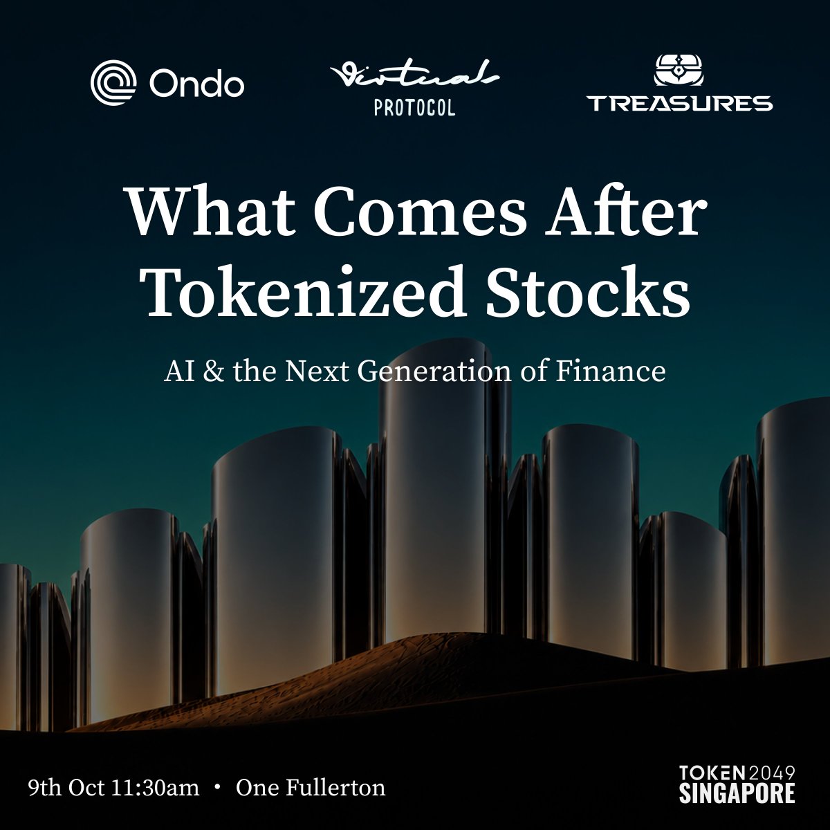 virtuals_io's tweet photo. What comes after tokenized stocks meet AI?

Join us with @Ondo and @treasures_io for an invite-only lunch in Singapore during @token2049.

Meet builders, traders and asset allocators working across AI and onchain finance over food and drinks. Get hands-on with our latest releases and spend time with the teams behind them.

RSVP Below