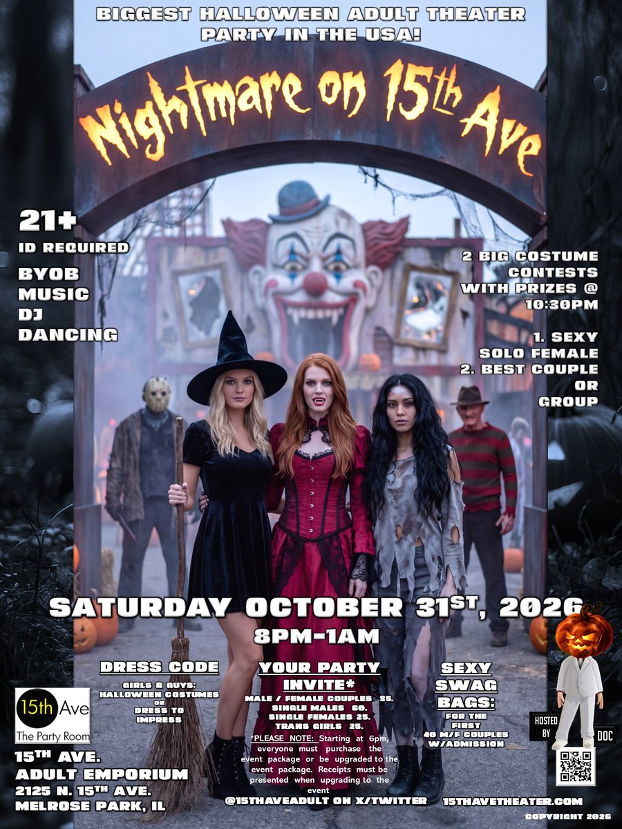15thAveAdult's tweet photo. 💀☠️🧙‍♀️👽👻

🎃THE BIGGEST ADULT THEATER PARTY IN THE USA!🎃

Nightmare on 15th Ave. Halloween Party!
Saturday October 31, 2026 8pm-1am!
2 Big Costume Contests w/Prizes!
➡️Sexiest Solo Female
➡️Best Couple or Group

RSVPs &amp; Who's Coming:
https://t.co/Z0Qj6ptQIt https://t.co/oXWoHIhsJK