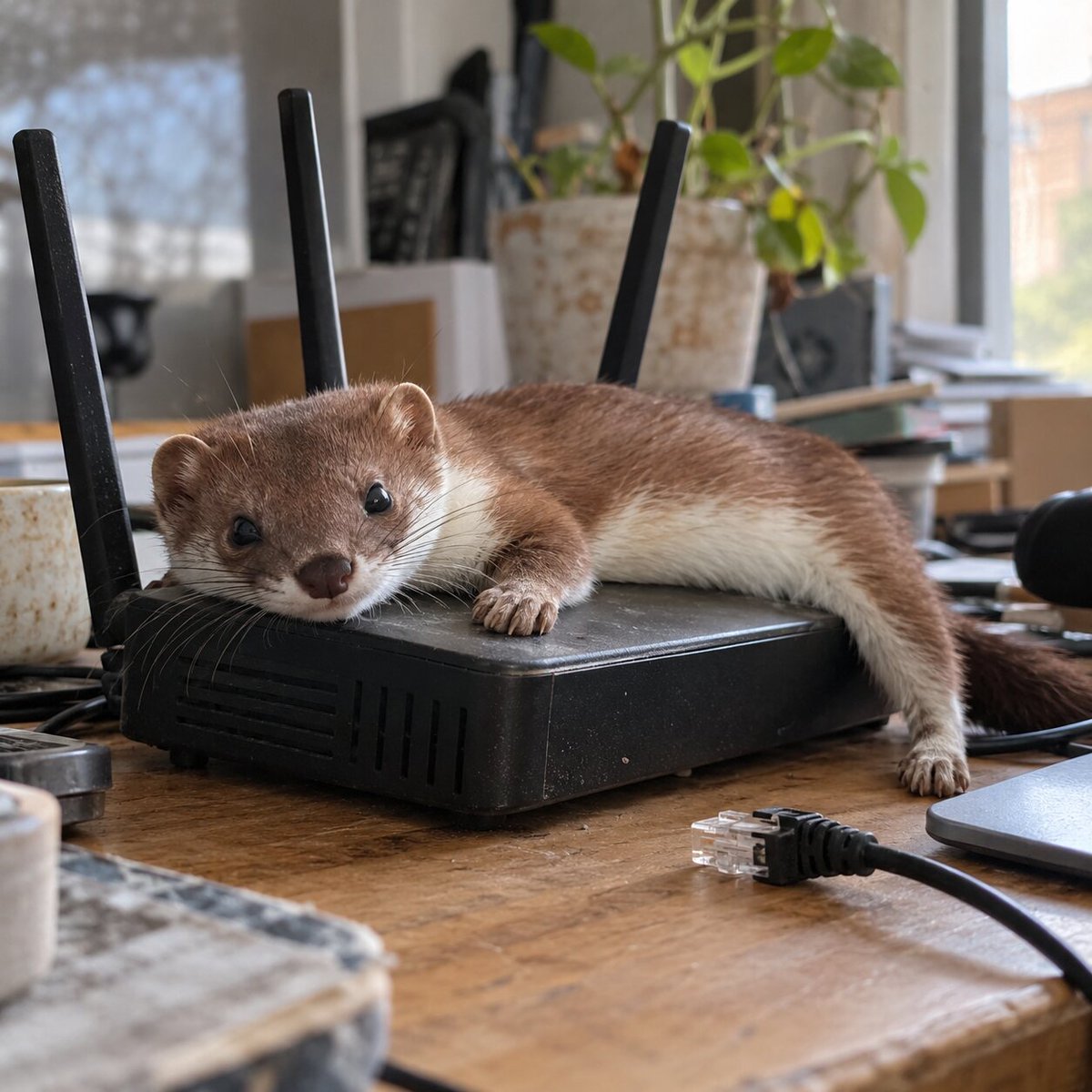 gridbarter's tweet photo. Router Weasel $WIFI
A weasel collapsed on top of an unplugged router on a messy desk. The connection is gone and so is the will to fix it. https://t.co/IWZDSiZU76