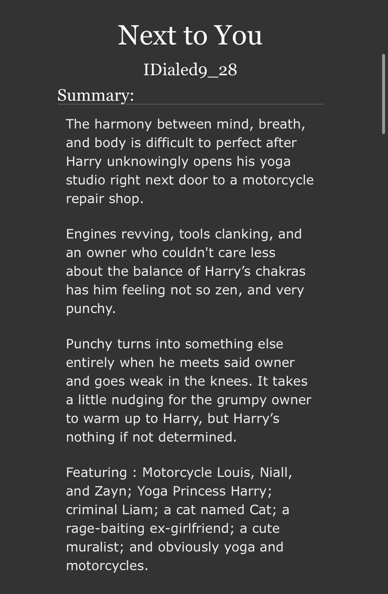 IDialed9_28's tweet photo. Next to You is out! 

🔗 https://t.co/4OzXb29MJV

-Strangers to lovers 
-46K 
-Motorcycle Louis/Yoga Harry

Share if you love it! Don’t tell me if you hate it 😂 https://t.co/HIa0rqU4h0