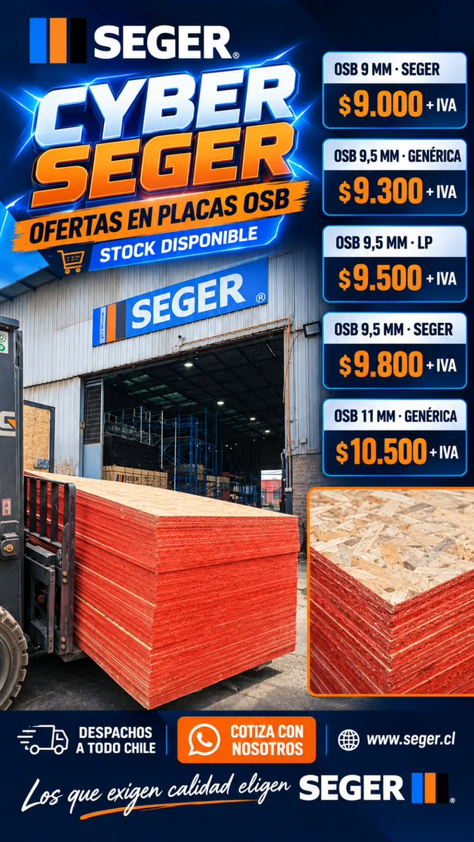 AndamiosSeger's tweet photo. 🔥 ¡CYBER SEGER! Ofertas imperdibles en placas OSB estructurales de 9.0mm, 9,5 mm y 11 mm. Fabricación y stock garantizado.

| #andamios | #alzaprimas | #moldajes
|+569 72553250 - +569 59111089
| José Joaquín Pérez 5270, Quinta Normal. 
| Entrega a domicilio paga al recibir https://t.co/QTH7KW6Amn