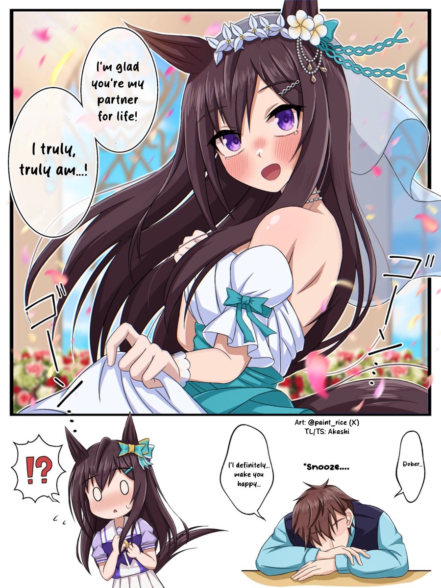 AkashiYoshiyama's tweet photo. #AkashiTL 
Art by paint_rice

"Married with Dober!?"

#ウマ娘 #Umamusume #ウマ娘英訳 #UmaTranslations #メジロドーベル #MejiroDober https://t.co/54bPo7LqxH