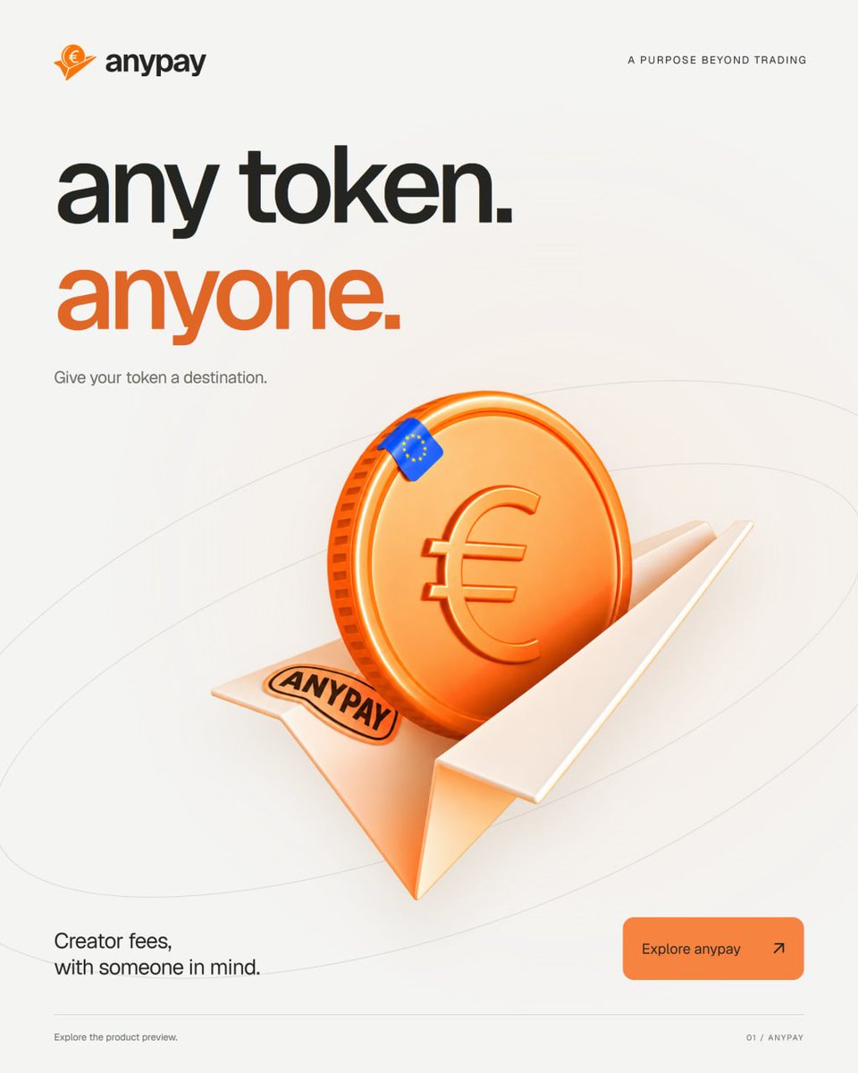 Anypay_'s tweet photo. any token. anyone. 🟠

A creator you admire. A community you love. Someone you believe in.

Launch a token and allocate 80% of collected creator fees to your chosen recipient.

Built on Robinhood Chain. Fees stay on chain while payouts are paused.

Give your token a destination.

https://t.co/wEggwEAAtZ
