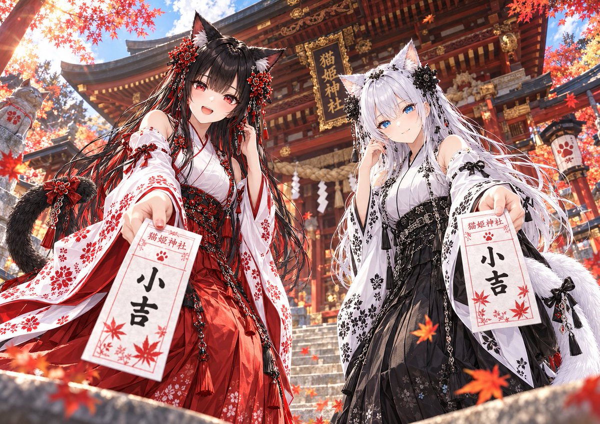 h_i_r_o_p_o_n_'s tweet photo. #黒猫姫と白猫姫の今日のおみくじ     

おはようございます！
10月3日のおみくじは・・・【小吉】
おみくじ結果がどうあれ、
今日一日が、素敵な日でありますように！

 #AIイラスト https://t.co/kqY3PgfEcQ