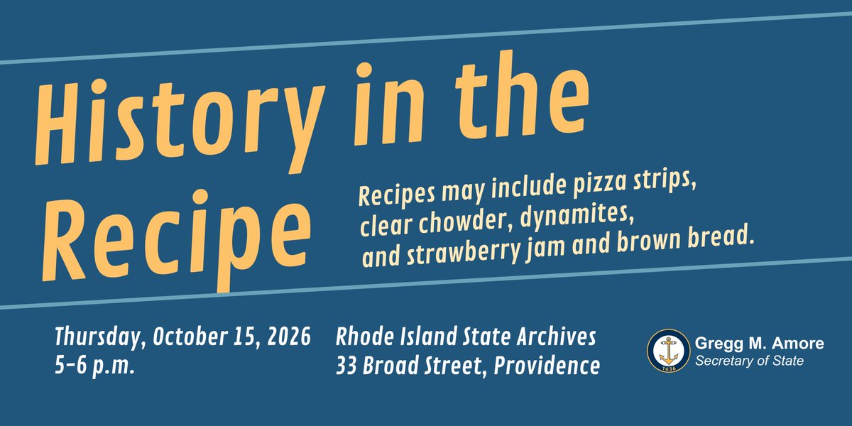 RISecState's tweet photo. Join the Rhode Island State Archives for History in the Recipe. Attendees will have the opportunity to taste a bit of Rhode Island history and judge these historic recipes. Sign up to help us determine which recipe most deserves its place in the archives: https://t.co/Ri9uc3GUzL https://t.co/awEBFErn0H
