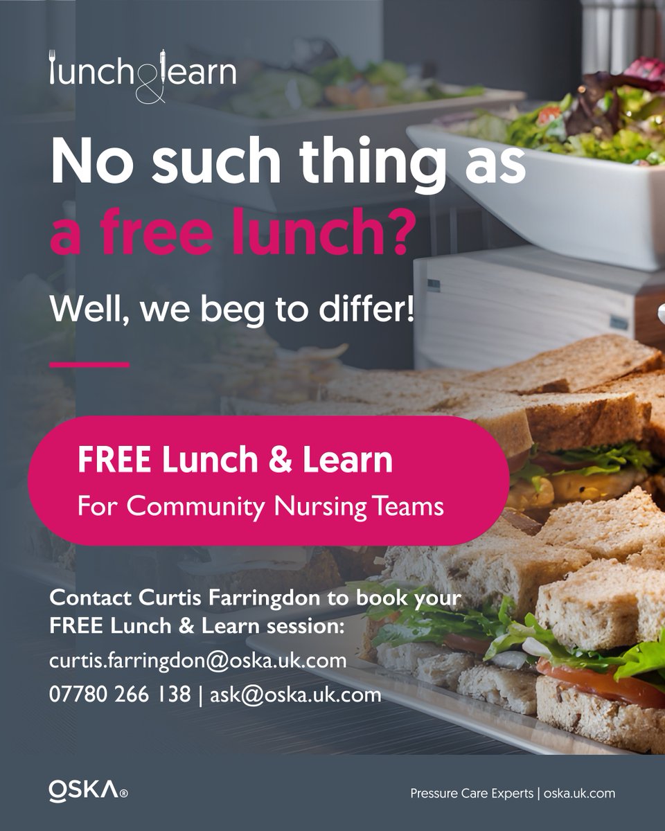 askOSKA's tweet photo. No such thing as a free lunch? Well, we beg to differ! Community Nursing Teams battling pressure ulcers, uncomfortable, costly or unreliable mattresses? Book your FREE Lunch &amp; Learn with Curtis Farringdon, timed around your caseloads: Curtis.Farringdon@oska.uk.com | 07780 266 138 https://t.co/61KG76Owfu
