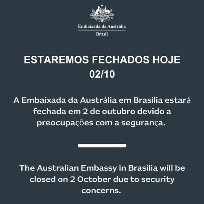 camarotedacpi's tweet photo. 🏛🇦🇺 Austrália anuncia que sua embaixada em Brasília estará fechada hoje, 02/10, citando "preocupações com a segurança." https://t.co/gD8eNgXVAi