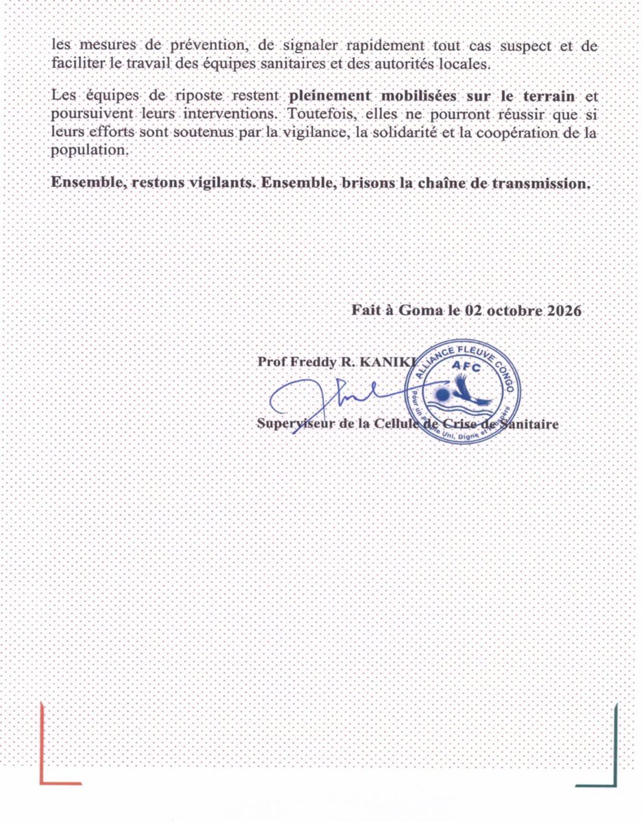 SanteTerrAFCM23's tweet photo. COMMUNIQUE DE PRESSE DU 02/10/2026

Détection de 6 cas de Maladie à Virus Ebola (MVE) à Alimbongo et à Kayna, Province du NORD-KIVU ⤵️ https://t.co/4VX8fpJRMo