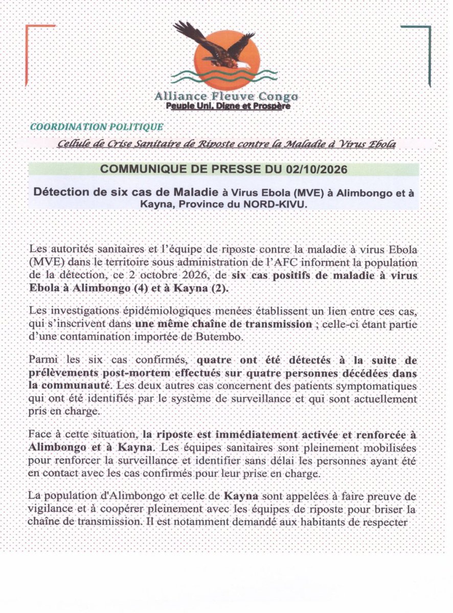 SanteTerrAFCM23's tweet photo. COMMUNIQUE DE PRESSE DU 02/10/2026

Détection de 6 cas de Maladie à Virus Ebola (MVE) à Alimbongo et à Kayna, Province du NORD-KIVU ⤵️ https://t.co/4VX8fpJRMo