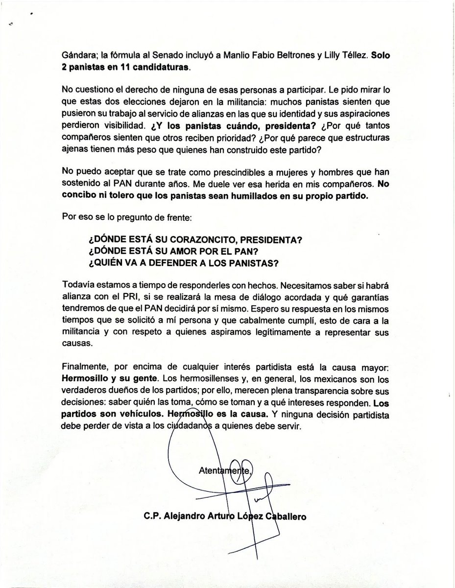 ALopezCaballero's tweet photo. Comparto la carta que recibí de la dirigencia estatal y mi respuesta. Los panistas merecen ser escuchados antes de que todo esté decidido. Y los ciudadanos tienen derecho a saber quién decide, cómo y para qué. Los partidos son vehículos. Hermosillo es la causa. https://t.co/tZ5iO1gzut