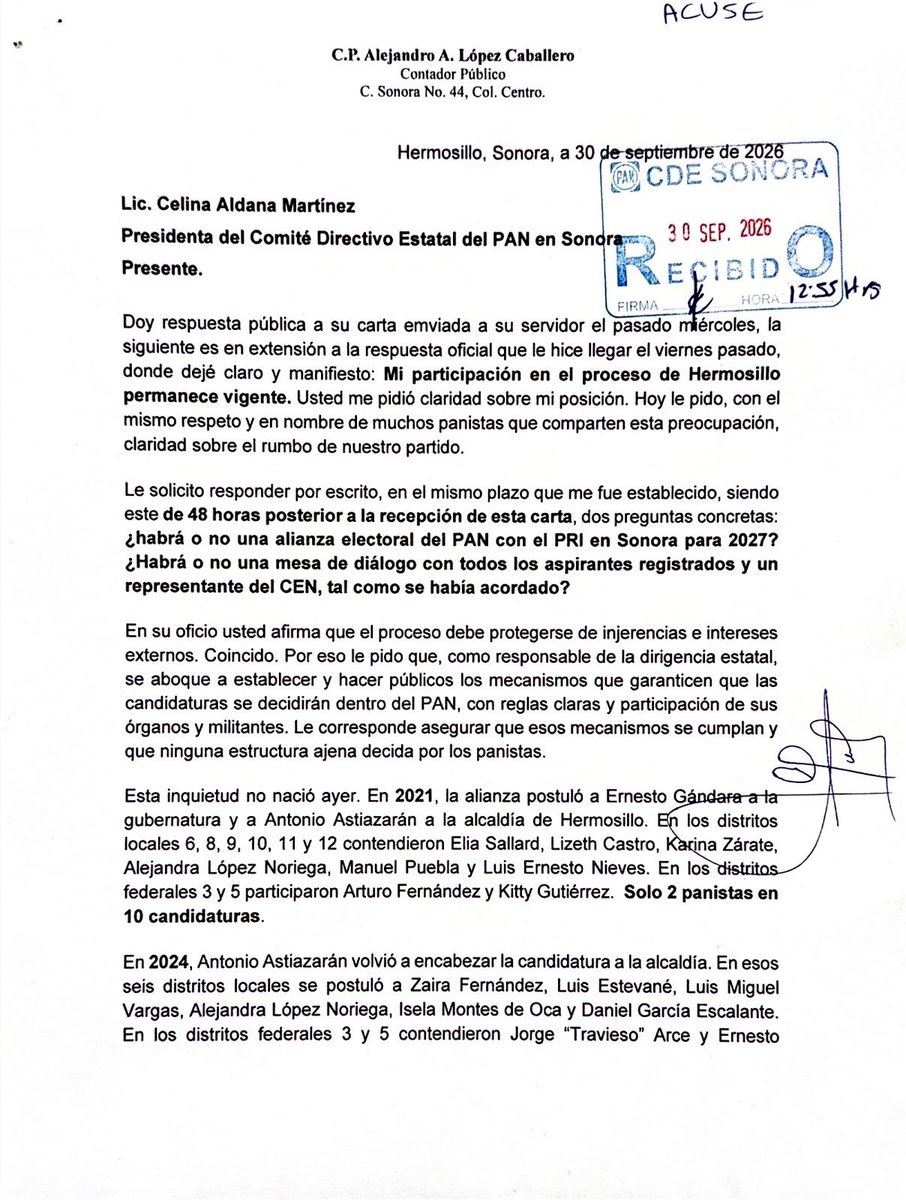 ALopezCaballero's tweet photo. Comparto la carta que recibí de la dirigencia estatal y mi respuesta. Los panistas merecen ser escuchados antes de que todo esté decidido. Y los ciudadanos tienen derecho a saber quién decide, cómo y para qué. Los partidos son vehículos. Hermosillo es la causa. https://t.co/tZ5iO1gzut