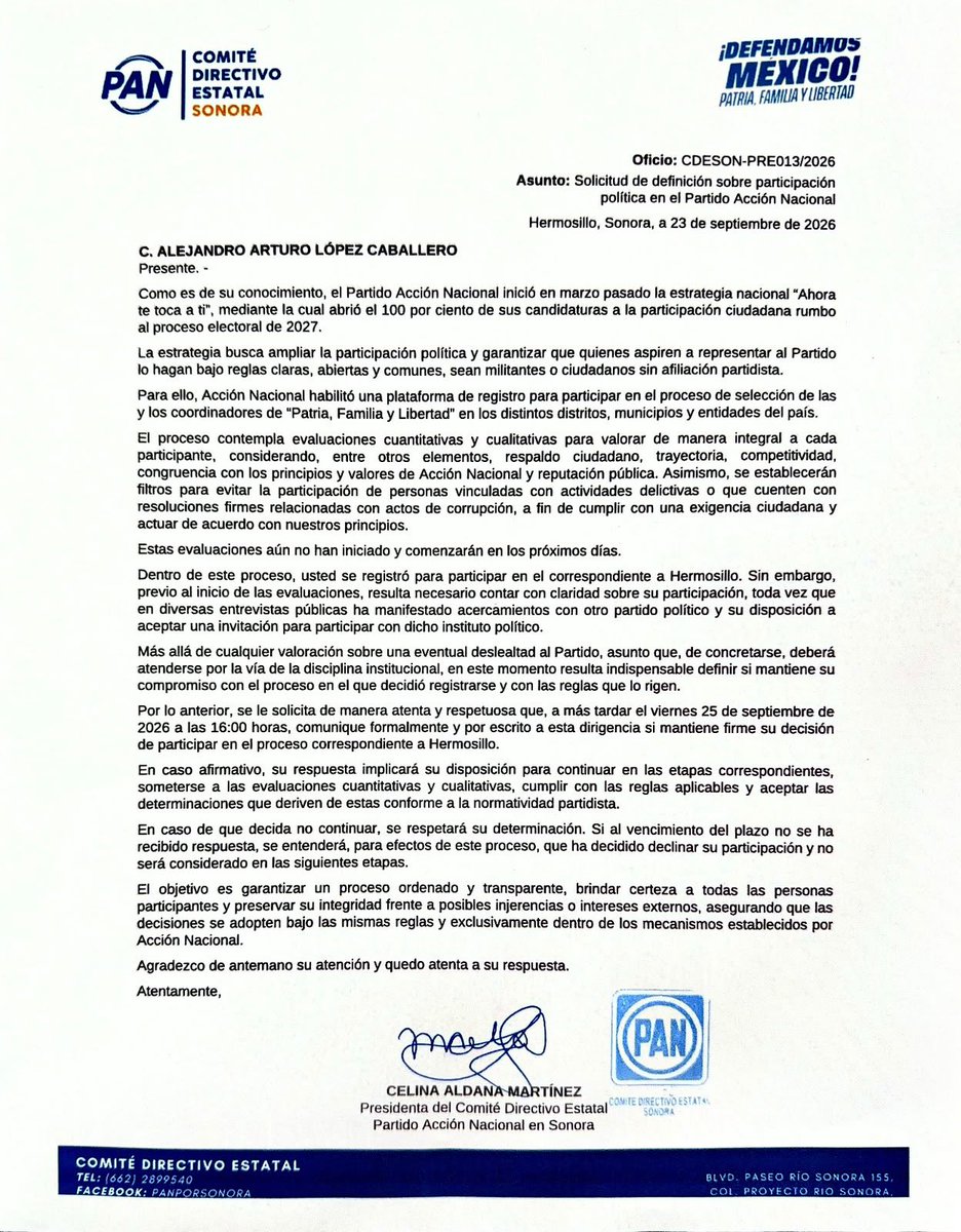 ALopezCaballero's tweet photo. Comparto la carta que recibí de la dirigencia estatal y mi respuesta. Los panistas merecen ser escuchados antes de que todo esté decidido. Y los ciudadanos tienen derecho a saber quién decide, cómo y para qué. Los partidos son vehículos. Hermosillo es la causa. https://t.co/tZ5iO1gzut