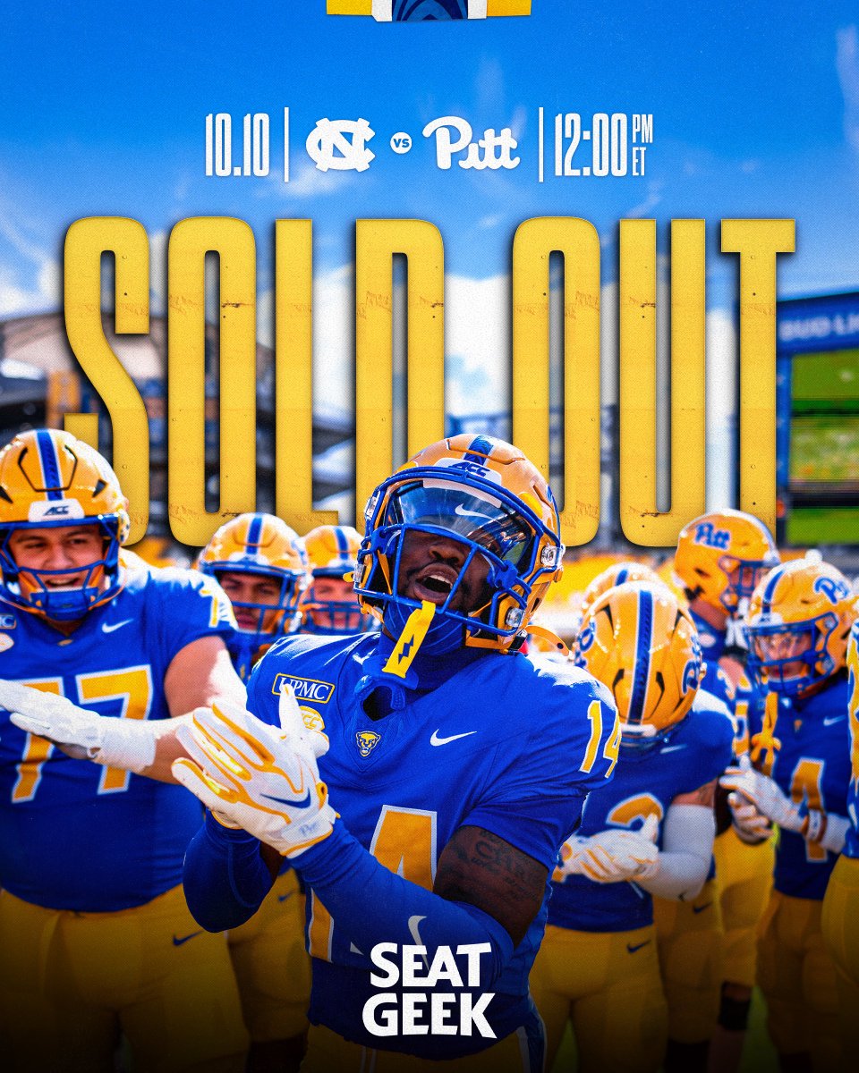 Pitt_ATHLETICS's tweet photo. .@Pitt_FB vs. UNC is officially SOLD OUT!

Still looking for tickets? Additional tickets may be available on the secondary market through our official ticket partner SeatGeek ⤵️
https://t.co/zbAZ2WiaeW https://t.co/9hDBIHU479