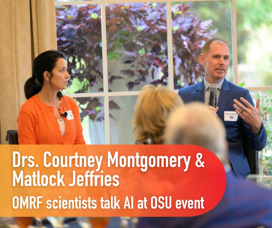 OMRF's tweet photo. At an event on the Oklahoma State University campus, OMRF's Drs. Courtney Montgomery and Matlock Jeffries talked about how scientists have begun to harness powerful new AI technologies.

Read more: https://t.co/RnC7HDDJsS https://t.co/CBtOXb6RsK