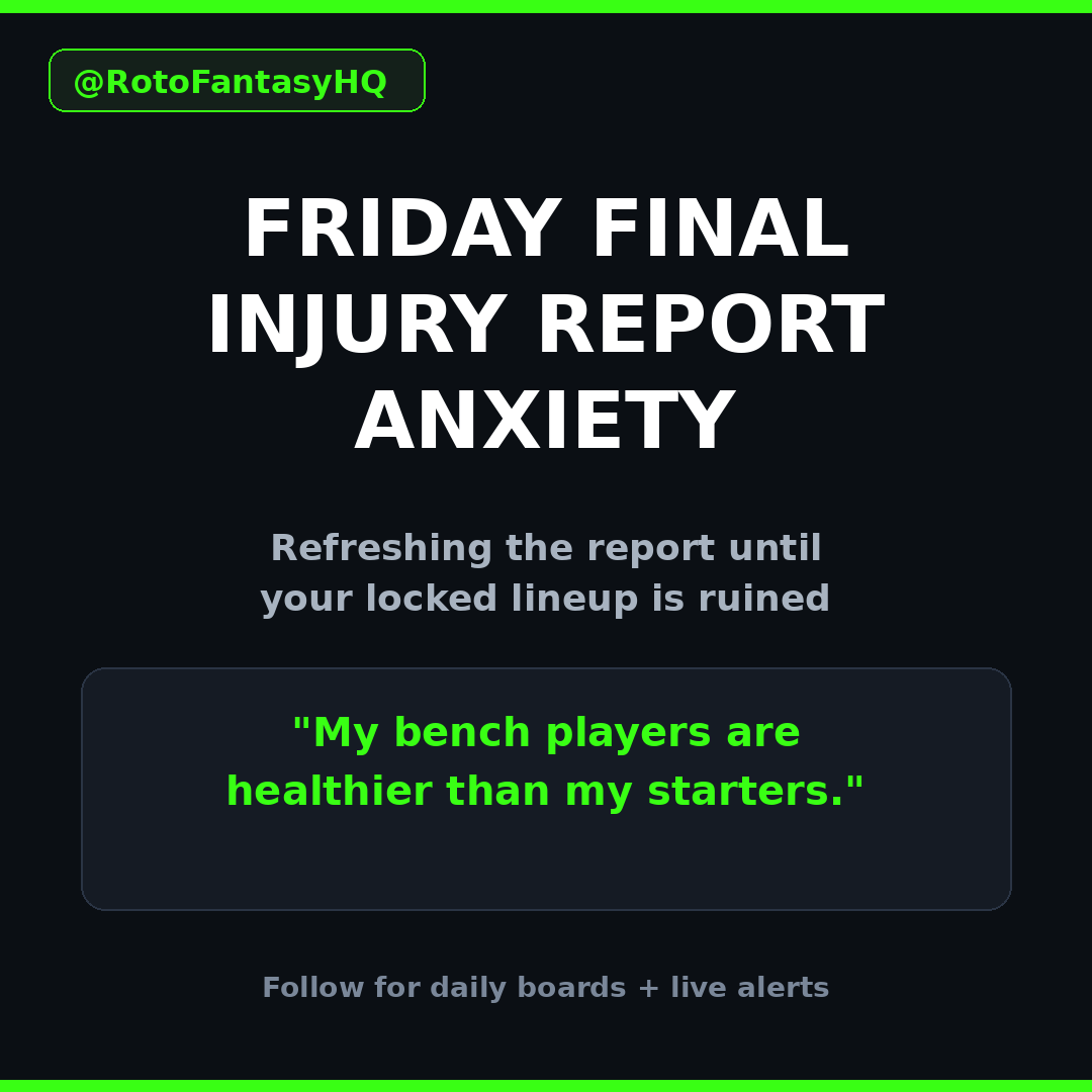 RotoFantasyHQ's tweet photo. Friday final injury-report anxiety hits different 😭

Refreshing the report until your locked lineup is ruined.
My bench players are healthier than my starters.
And somehow the guy you cut Tuesday is full practice.

Drop your most cursed Week 4 contingency below.

Follow for daily boards + live alerts
