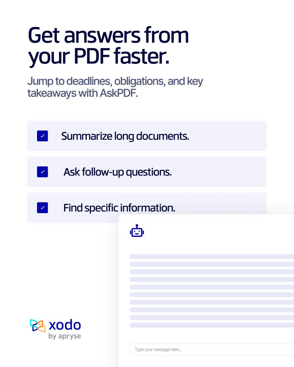 XodoPDF's tweet photo. Long PDF, limited time?

Instead of spending 30 minutes skimming, ask your PDF a question.

AskPDF can help you find important dates, summarize key sections, and clarify obligations in seconds.

Try AskPDF: https://t.co/cUm8ujVqAA

#Xodo #AskPDF #PDFtools #Productivity https://t.co/C314xNCdD3