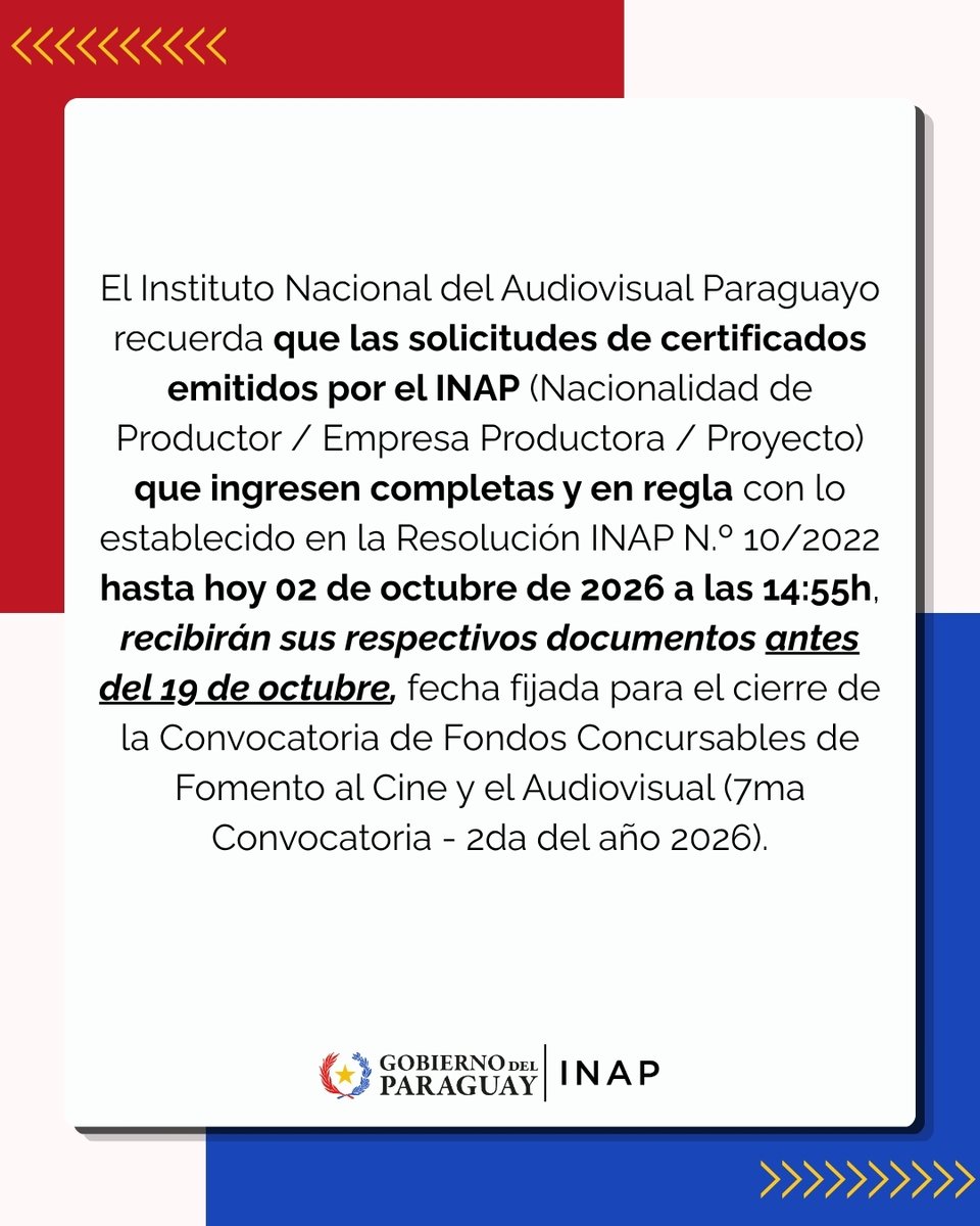 Inap_py's tweet photo. Recordatorio a la comunidad audiovisual sobre solicitud y expedición de Certificados.
#INAP #Audiovisual #Certificados #Paraguay https://t.co/hMpnZA9dPa