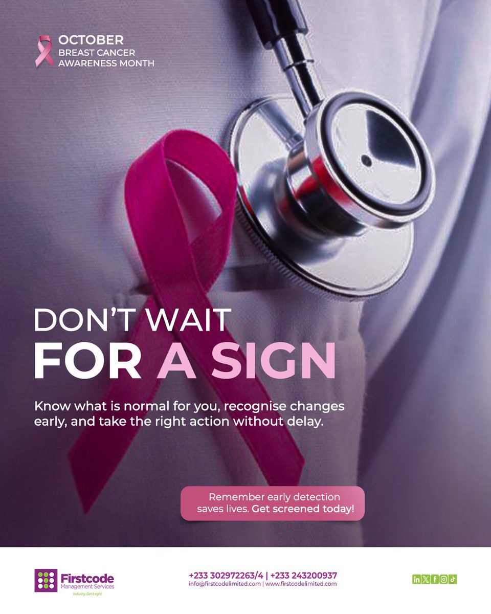 Firstcodegh's tweet photo. ๐ Do not wait for a sign.
Know what is normal for you, recognise changes early, and take the right action without delay.
This Breast Cancer Awareness Month, prioritise your health and encourage others to do the same.
#BreastCancerAwareness #EarlyDetection #Firstcode https://t.co/hOcym8kSV5