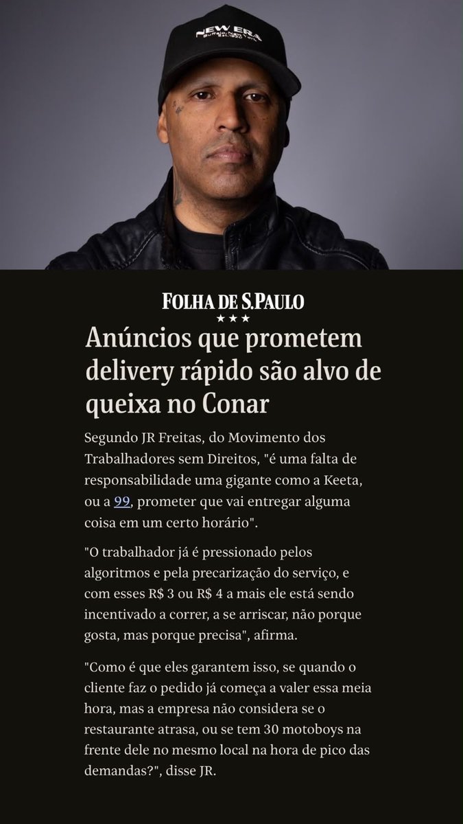 jrfreitasofc_'s tweet photo. Falei pra Folha de S.Paulo sobre a pressão que Keeta e 99 jogam em cima de quem entrega. Gratidão por mais esse espaço pra falar por quem vive a correria todo dia. 

Vote 5️⃣0️⃣0️⃣1️⃣3️⃣ dia 4 de outubro para eleger o primeiro motoboy deputado do Brasil! https://t.co/l3pKCO9g62