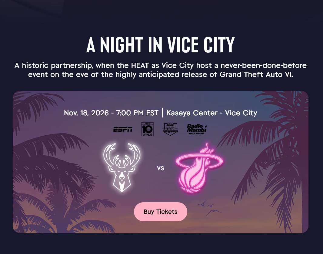 shinobi602's tweet photo. Grand Theft Auto 6 marketing ramps up as the Miami Heat NBA team becomes the Vice City Heat for special event on November 18

➡️ https://t.co/K32ePbC9q8

+ Vice City branded court, uniforms, and special game night activities

#GTA6 #GrandTheftAutoVI https://t.co/rmWrikqkSr