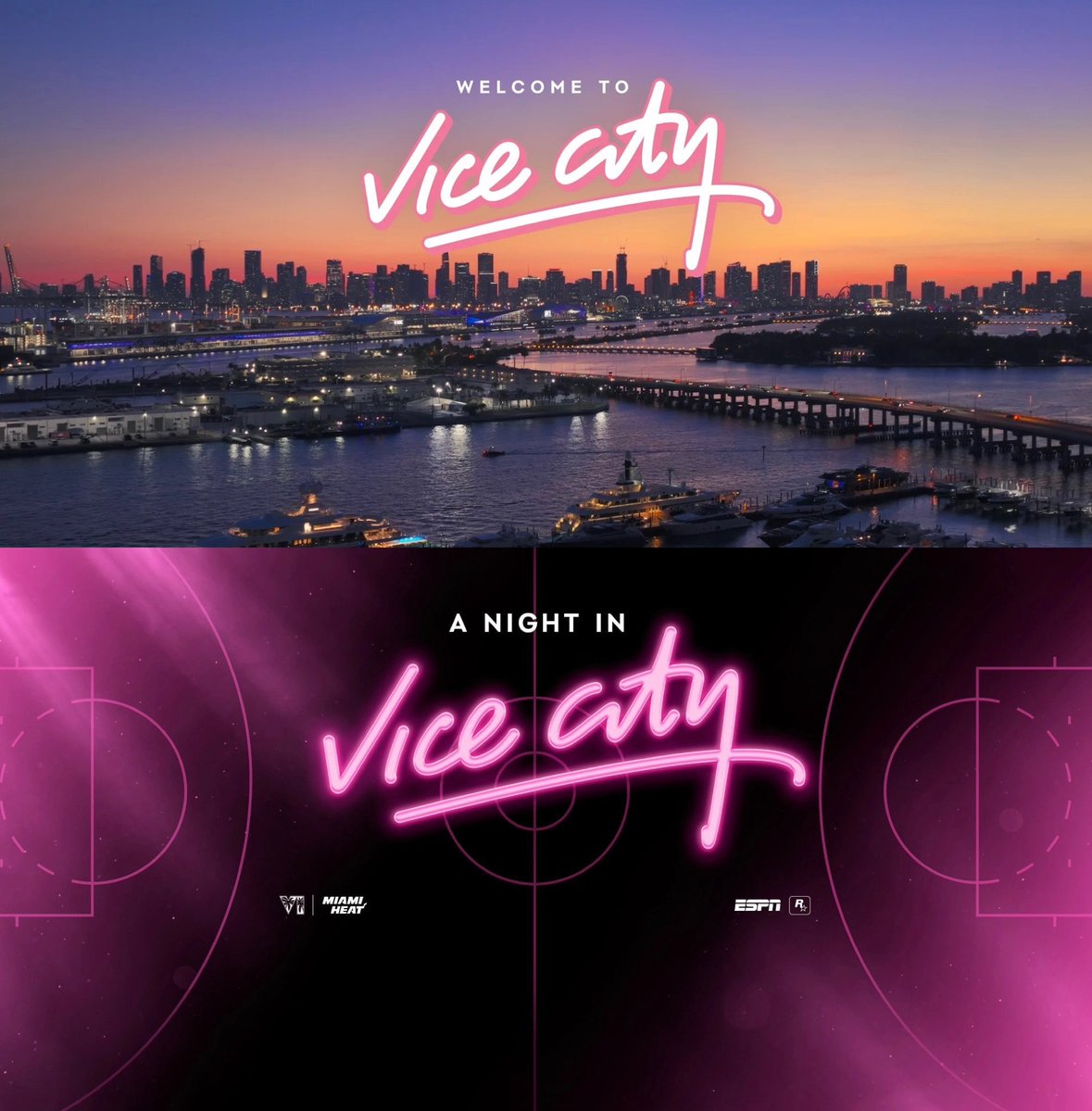 GTAVI_Countdown's tweet photo. Rockstar Games is officially teaming up with the Miami HEAT for a special “Night in Vice City” on November 18 at the Kaseya Center.

The HEAT will temporarily rebrand as Vice City and face the Milwaukee Bucks, featuring:

- An all-new Vice City uniform
- A special hardwood court built for the game
- Unique Vice City-themed game-night activations
- Special activities inside Kaseya Center starting on opening night

A new Vice City collection of apparel is also available on HEAT’s website: https://t.co/J19tKlsQ1K