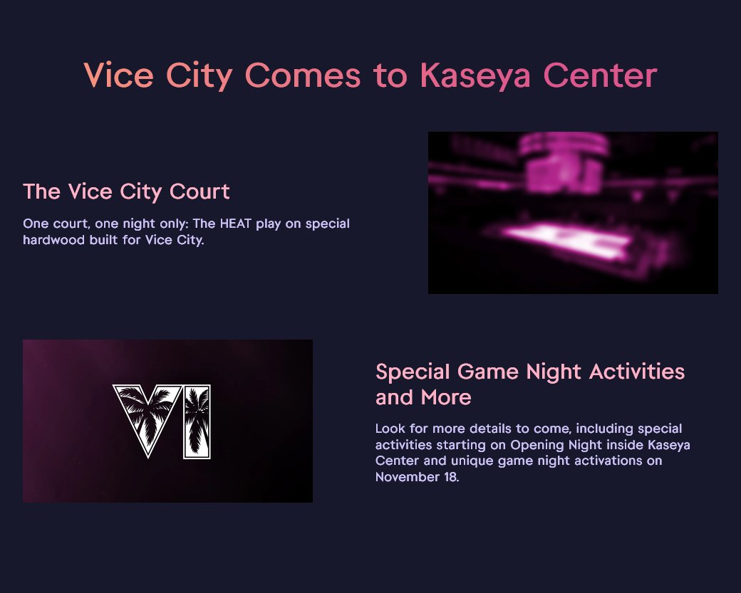 shinobi602's tweet photo. Grand Theft Auto 6 marketing ramps up as the Miami Heat NBA team becomes the Vice City Heat for special event on November 18

➡️ https://t.co/K32ePbC9q8

+ Vice City branded court, uniforms, and special game night activities

#GTA6 #GrandTheftAutoVI https://t.co/rmWrikqkSr