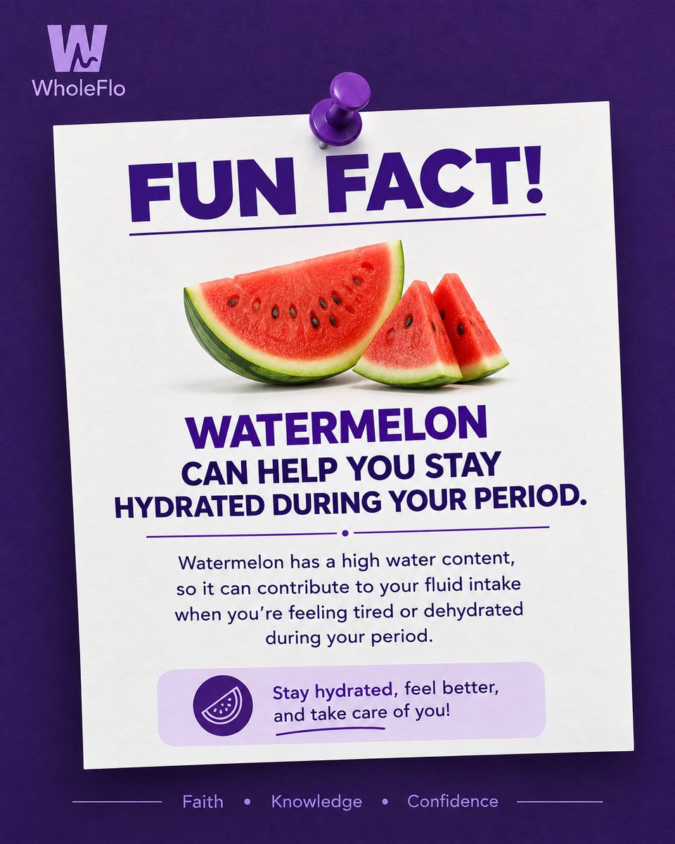 wholefloapp's tweet photo. Watermelon 🍉 has a high water content, so it can contribute to your fluid intake during your period.

It won’t stop your period or magically relieve cramps, but staying hydrated is one simple part of good menstrual health and period care. 

#MenstrualHealth #Periodhealth https://t.co/L9yCITubii