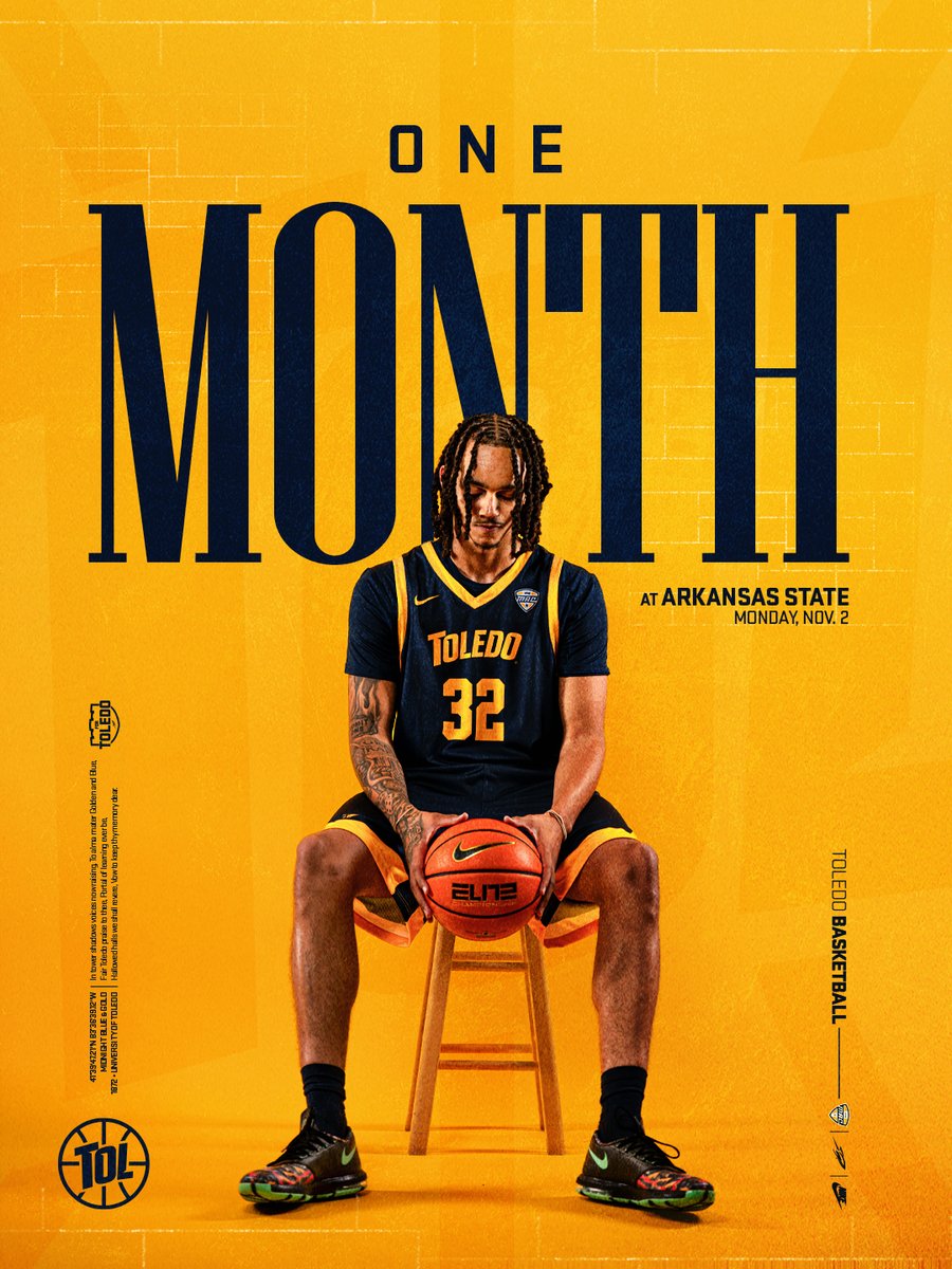 Toledo_MBB's tweet photo. 𝗧𝗛𝗘 𝗖𝗢𝗨𝗡𝗧𝗗𝗢𝗪𝗡 𝗖𝗢𝗡𝗧𝗜𝗡𝗨𝗘𝗦!! 🚀🚀

🏀 One month.

Opening night at Arkansas State on Nov. 2!

#ForToledo https://t.co/lKHXPT3435